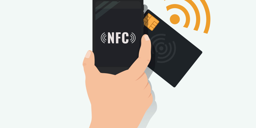 Hand hold phone with NFC and card graphic design